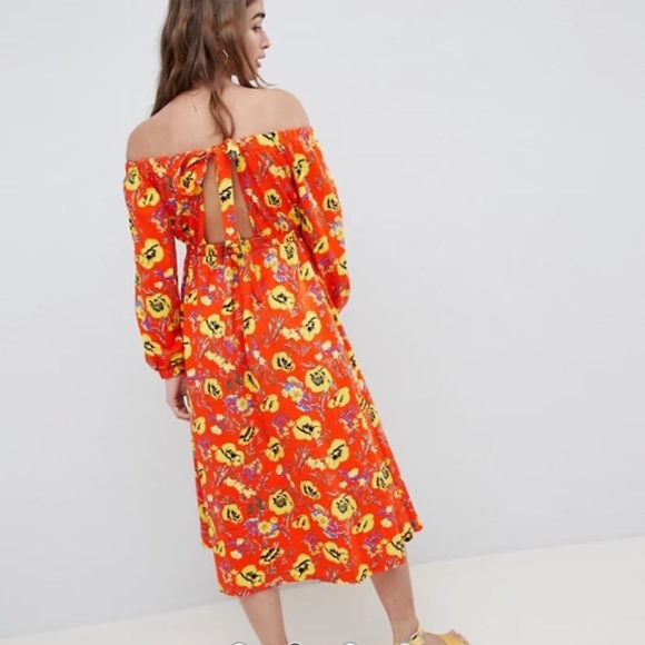 ASOS Tangerine Orange Floral Off Shoulder Midi Dress Size 0 - Picture 5 of 8